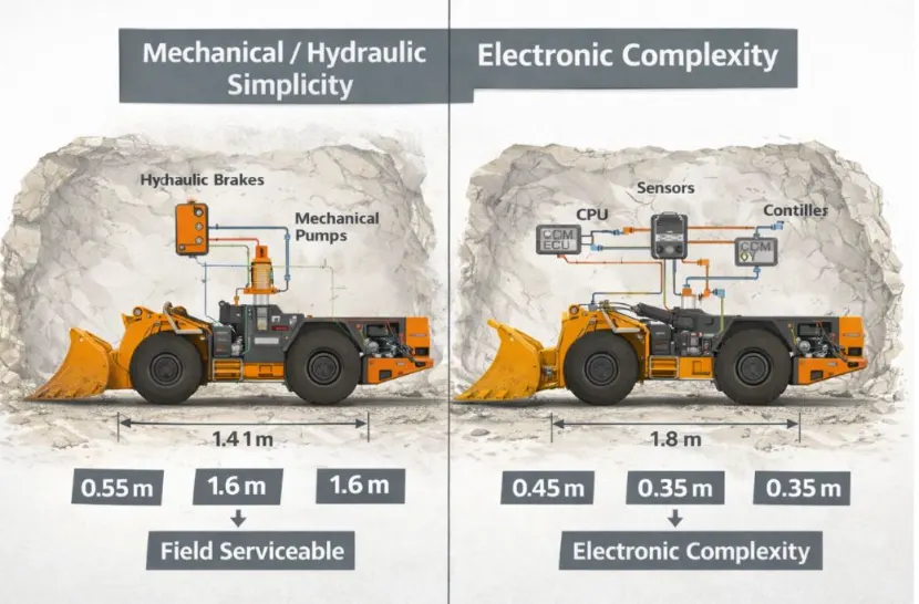 Mechanical and hydraulic system layout of a low-profile underground loader