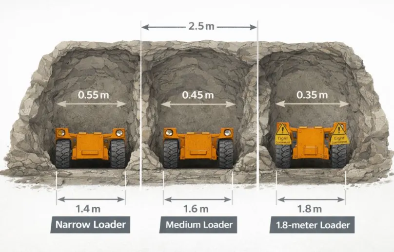 Underground loader width comparison showing clearance in narrow vein tunnels