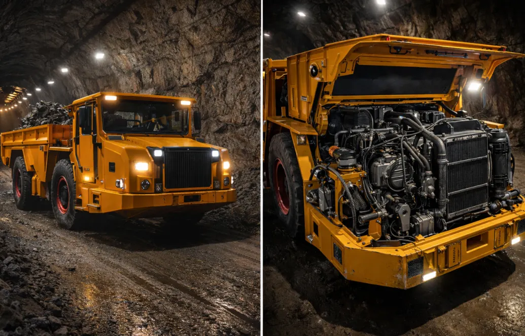 Underground mining dump truck undergoing maintenance inspection1