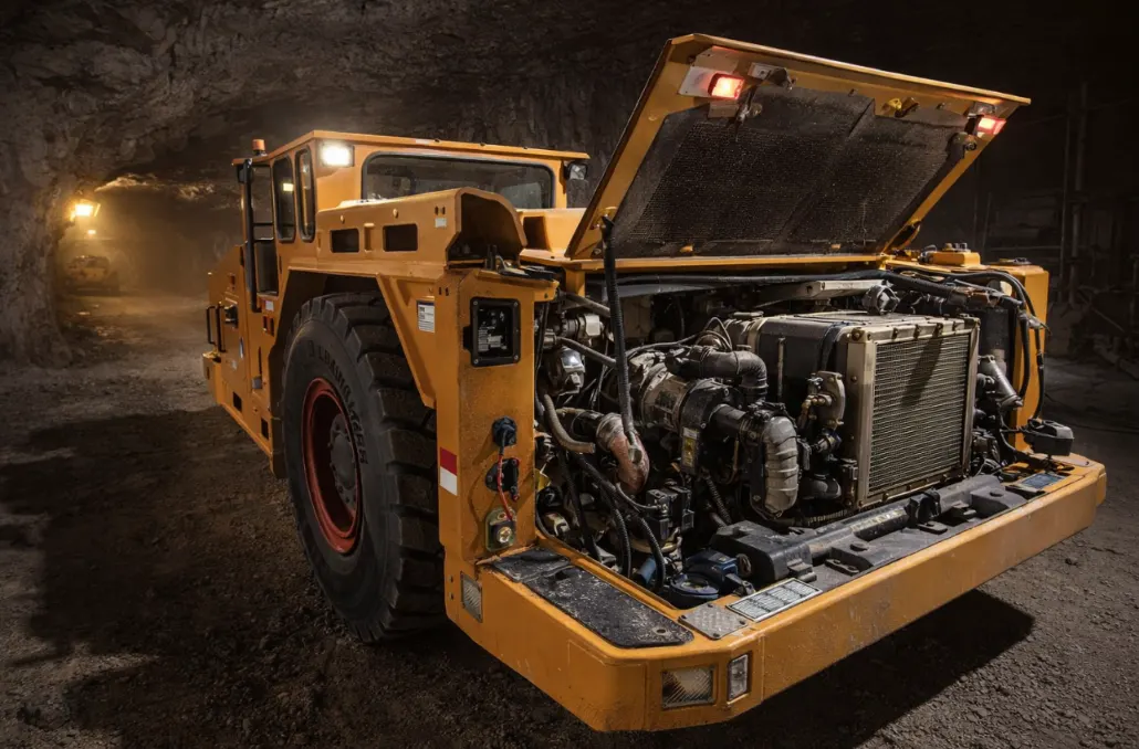 Underground mining dump truck undergoing maintenance inspection2
