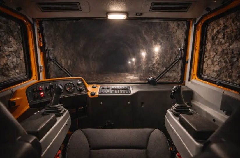 ergonomic enclosed cab of ZDL614 underground loader featuring pilot-operated hydraulic joysticks and air conditioning