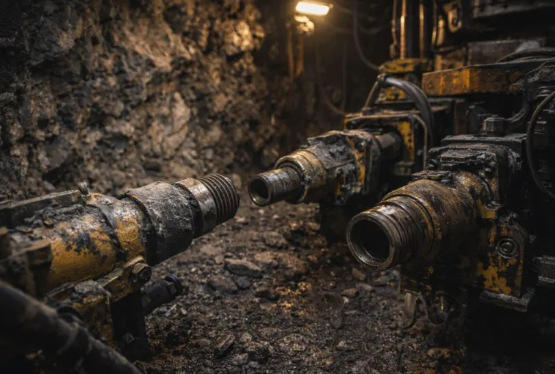Close-up view of worn drill rods and couplings during underground drilling equipment maintenance, showing dust, thread wear, and conditions that contribute to drill rod jamming.