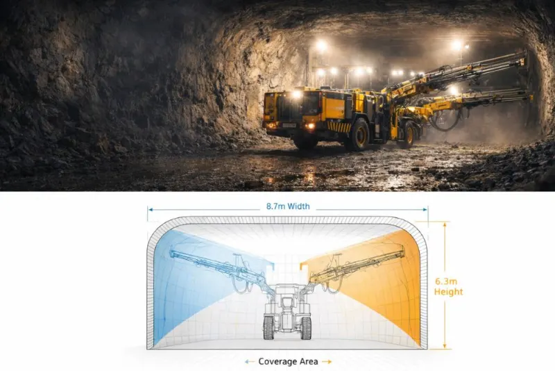 Technical diagram comparing the coverage area of a single-boom rig vs. a twin-boom face drilling rig