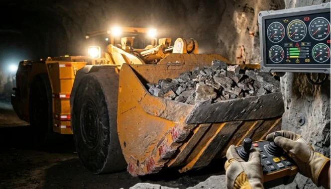 A mining vehicle carrying rocks inside a tunnel with a control screen and joystick in the foreground.