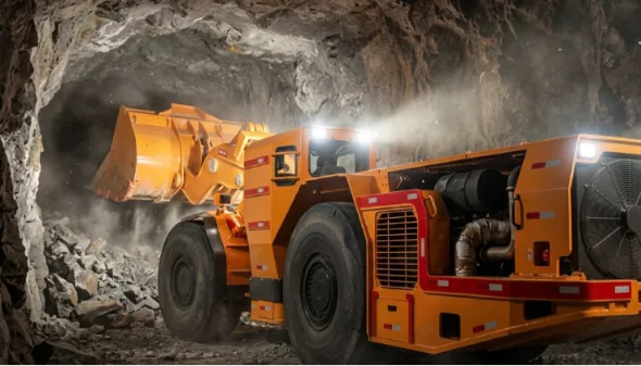 Close-up of a mining loader vehicle in a cave, working amidst rocks.
