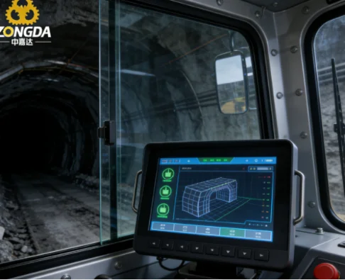 Mining tunnel control screen showing digital mapping inside a mining vehicle.