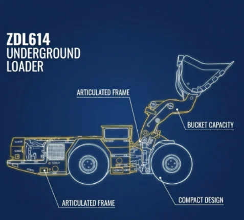 Technical blueprint of the ZDL614 articulated underground loader.