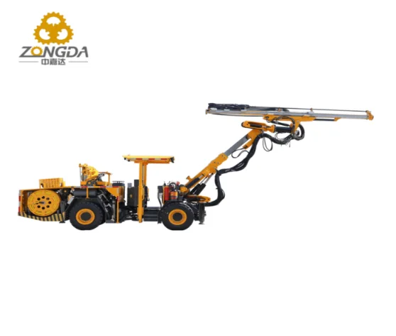 Trackless mining equipment with extended arm for underground operations.