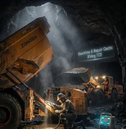 Worker inspecting a ZONGDA truck in a tunnel.