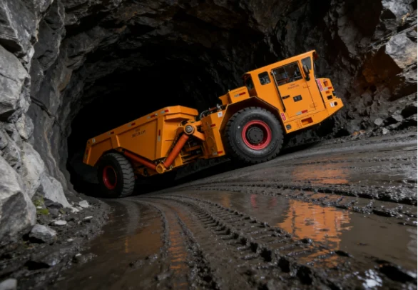 Articulated underground dump truck navigating a tight mine corner.