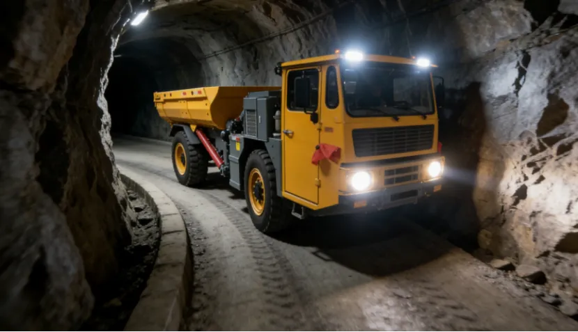 Compact mining truck navigating a narrow rocky tunnel.