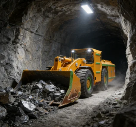 Electric underground loader hauling rock in a mine tunnel.