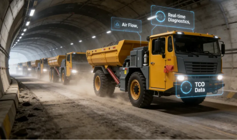 Fleet of underground mining trucks with digital data overlays.