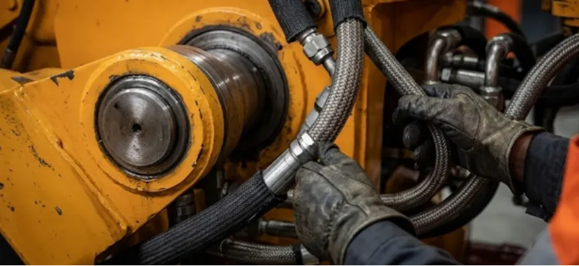 Gloved hands inspecting hydraulic hoses on heavy machinery.