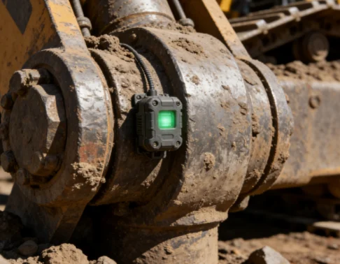Green-lit active sensor on a muddy construction vehicle joint.