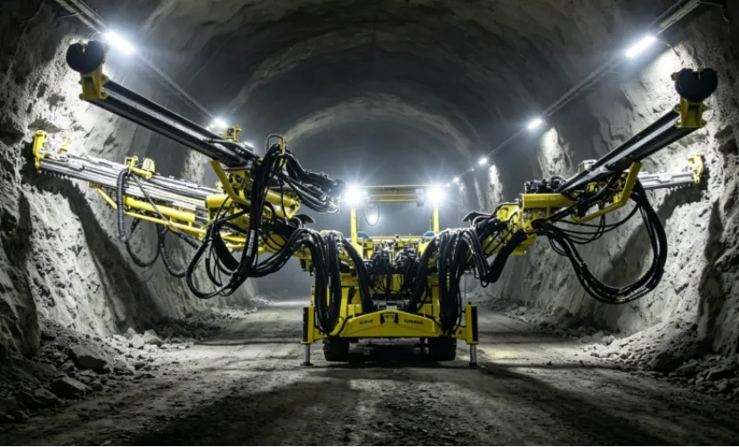 Jumbo drill machine in an underground tunnel.