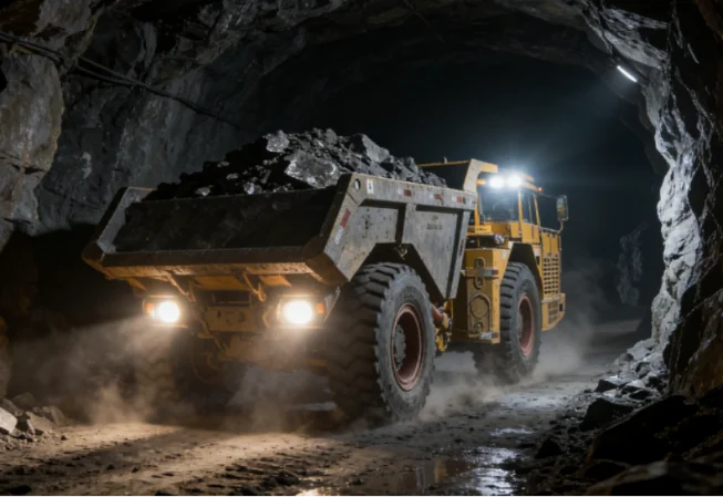 Loaded underground mining truck hauling rock in a dark tunnel.
