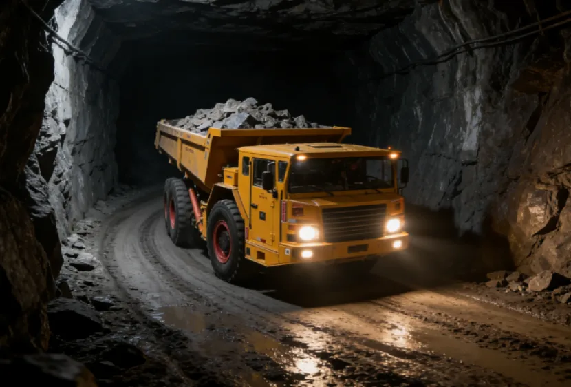 Loaded yellow heavy-duty dump truck in dark underground mine tunnel.