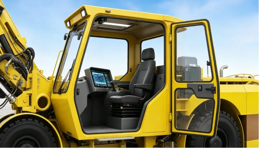 Open cab of a yellow construction machine with control screen and seat.