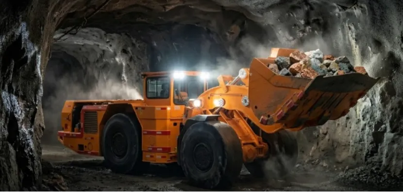 Orange LHD loader hauling rock in a dark mine tunnel.