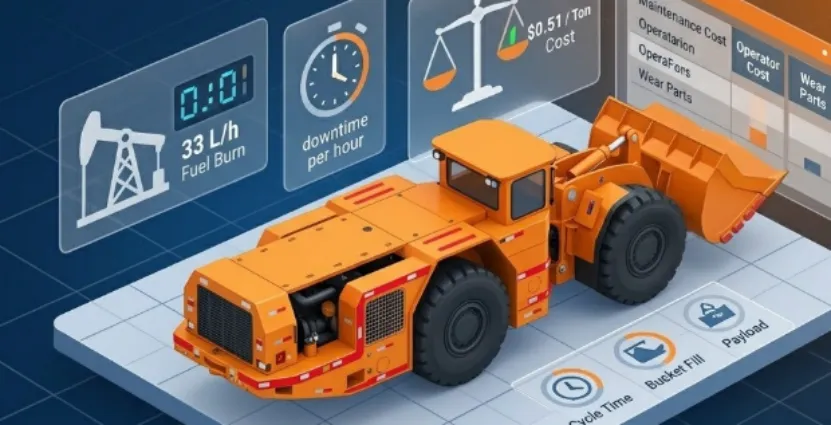 Underground loader 3D model with operational cost analysis graphs.