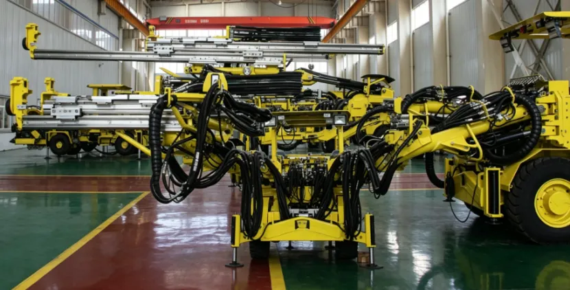 Yellow jumbo drill in a manufacturing factory.