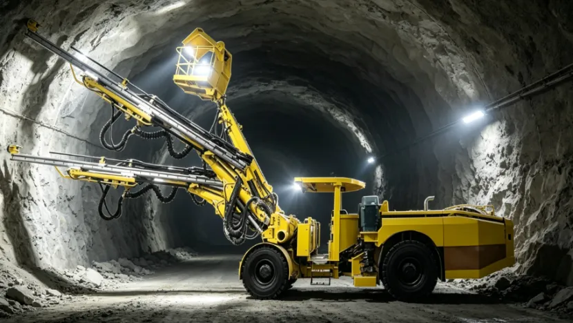Yellow multi-boom underground drilling machine working in a tunnel.