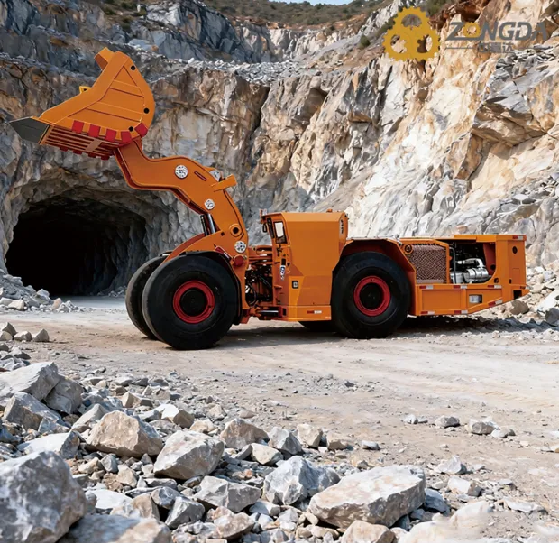Orange ZONGDA mining loader with raised bucket at a rocky mine site