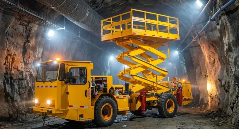 Underground scissor lift utility vehicle in a mine tunnel