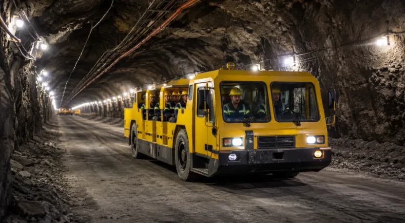 Yellow personnel carrier transporting miners in a lit tunnel