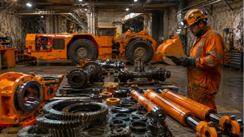 Mechanic checking mining loader spare parts with a tablet