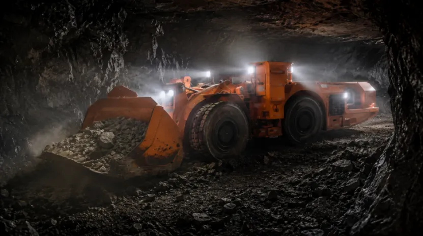Orange underground mining loader scooping rocks in a dusty mine tunnel