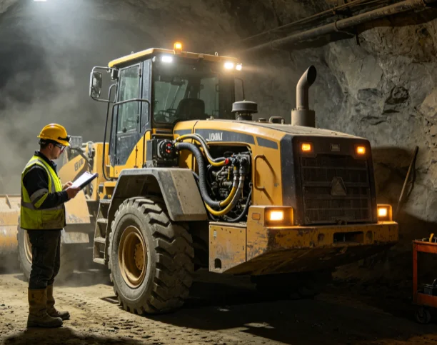 Inspector inspecting underground LHD loader