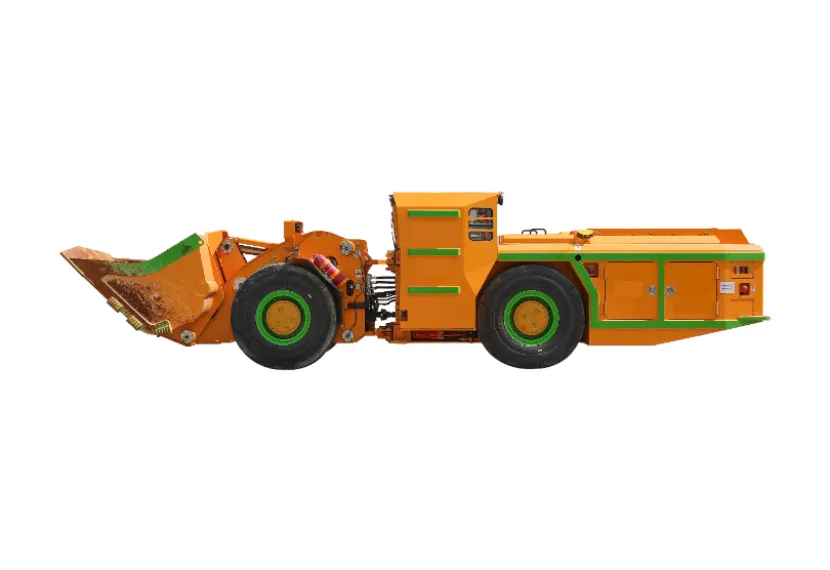 Left-side profile of a yellow heavy-duty underground loader