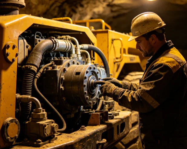 Miner inspecting mining truck hydraulics