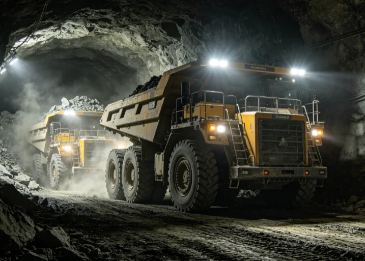 Mining trucks inside underground tunnel