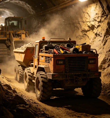 Mining utility vehicle transporting spare parts