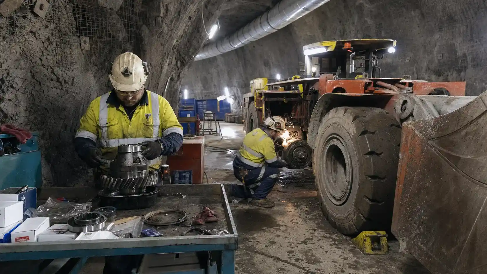 Technician inspecting an underground mining loader differential and carrier assembly in a hard-rock mine (1)