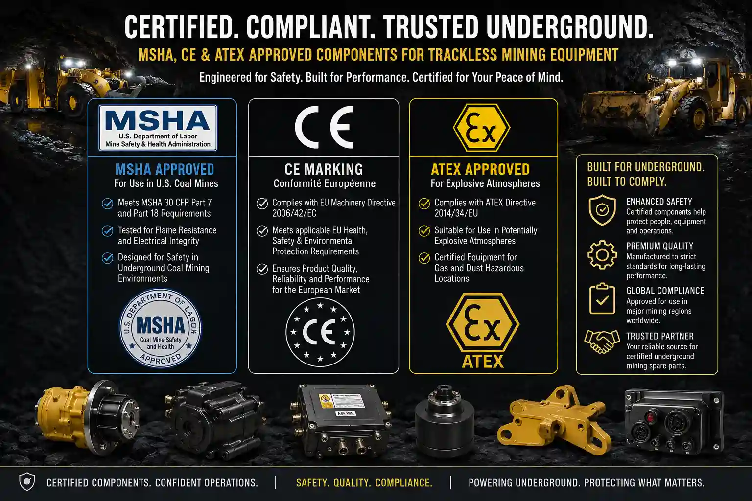 MSHA, CE, and ATEX regulatory approval standards for underground mining equipment components