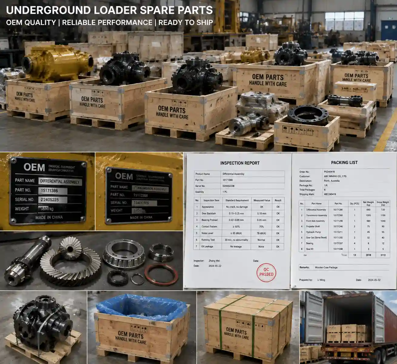OEM and genuine underground loader spare parts packaging with inspection documentation