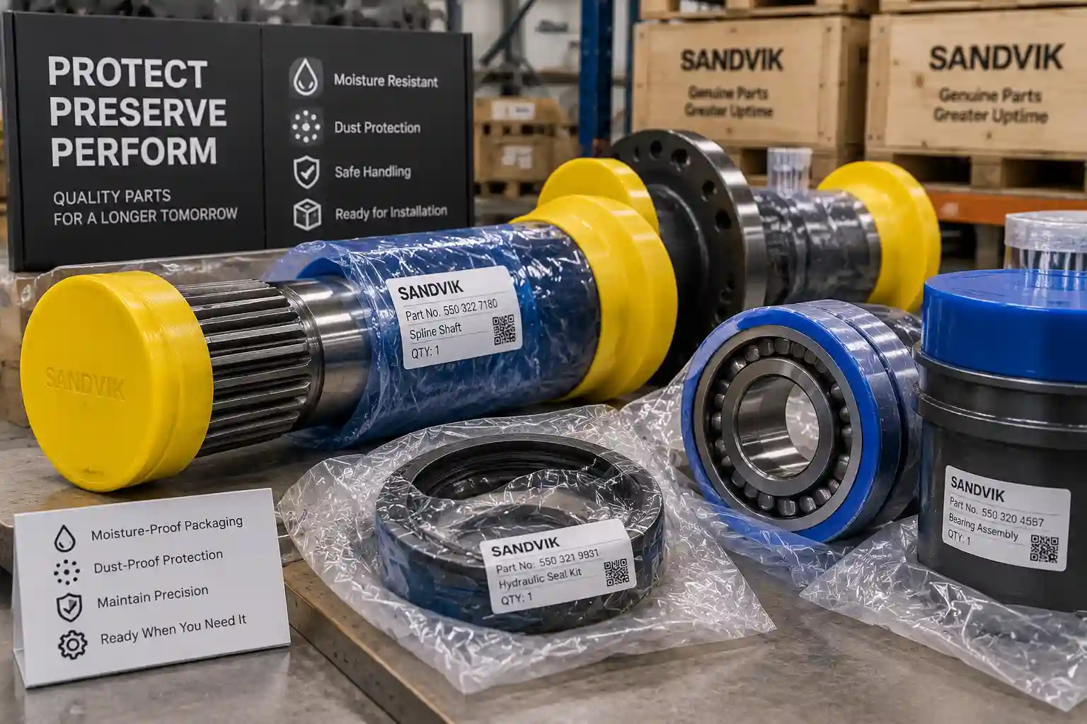 Protective covers on machined shafts and hydraulic seals for mining spare-part storage