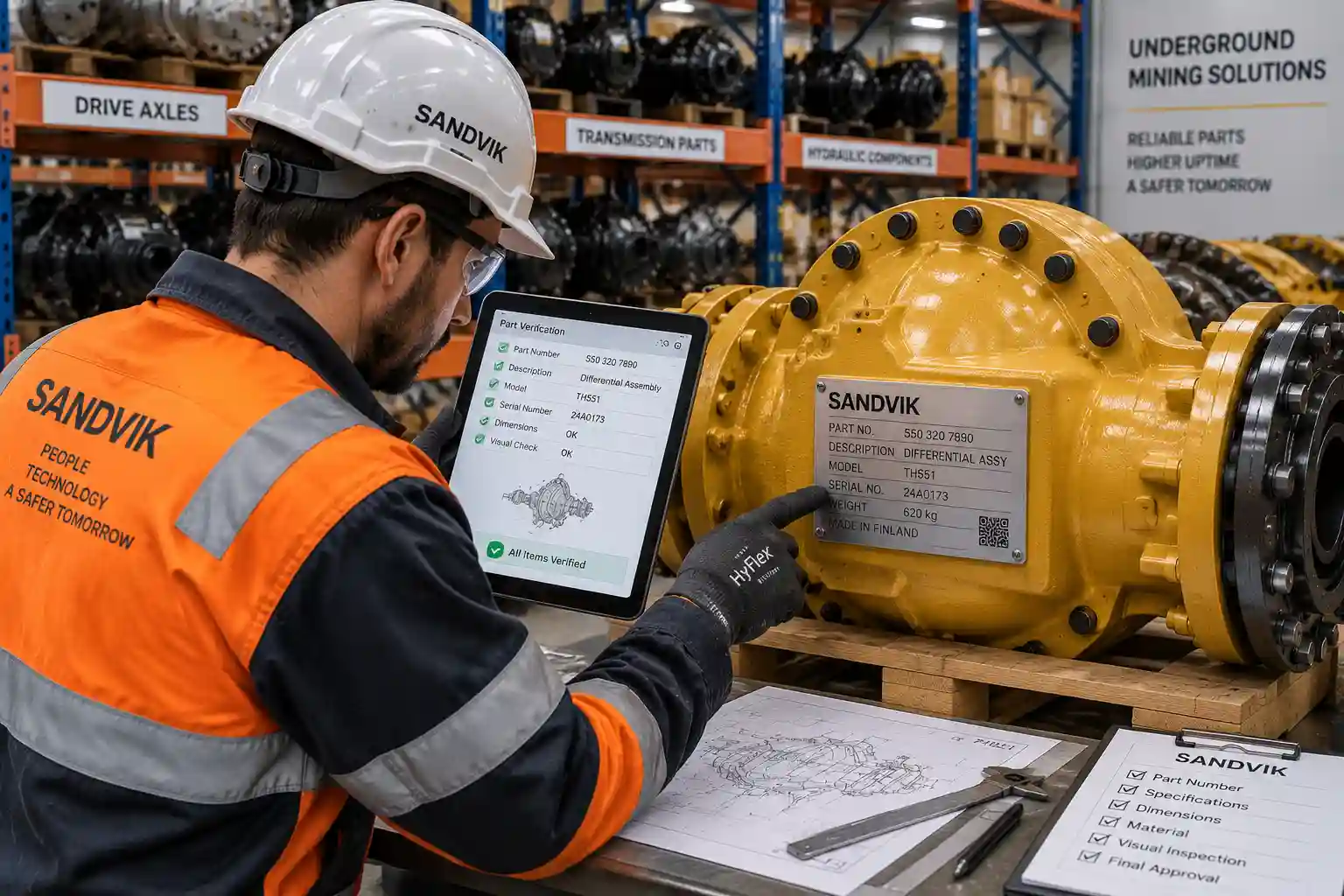 Technician inspecting and verifying part numbers on underground mining equipment components