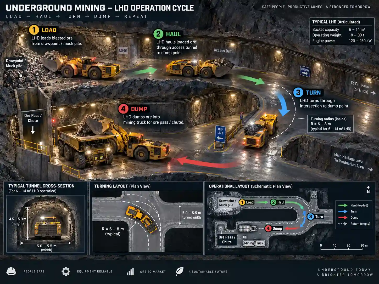 Underground LHD loader cycle showing loading hauling and dumping in tunnel network