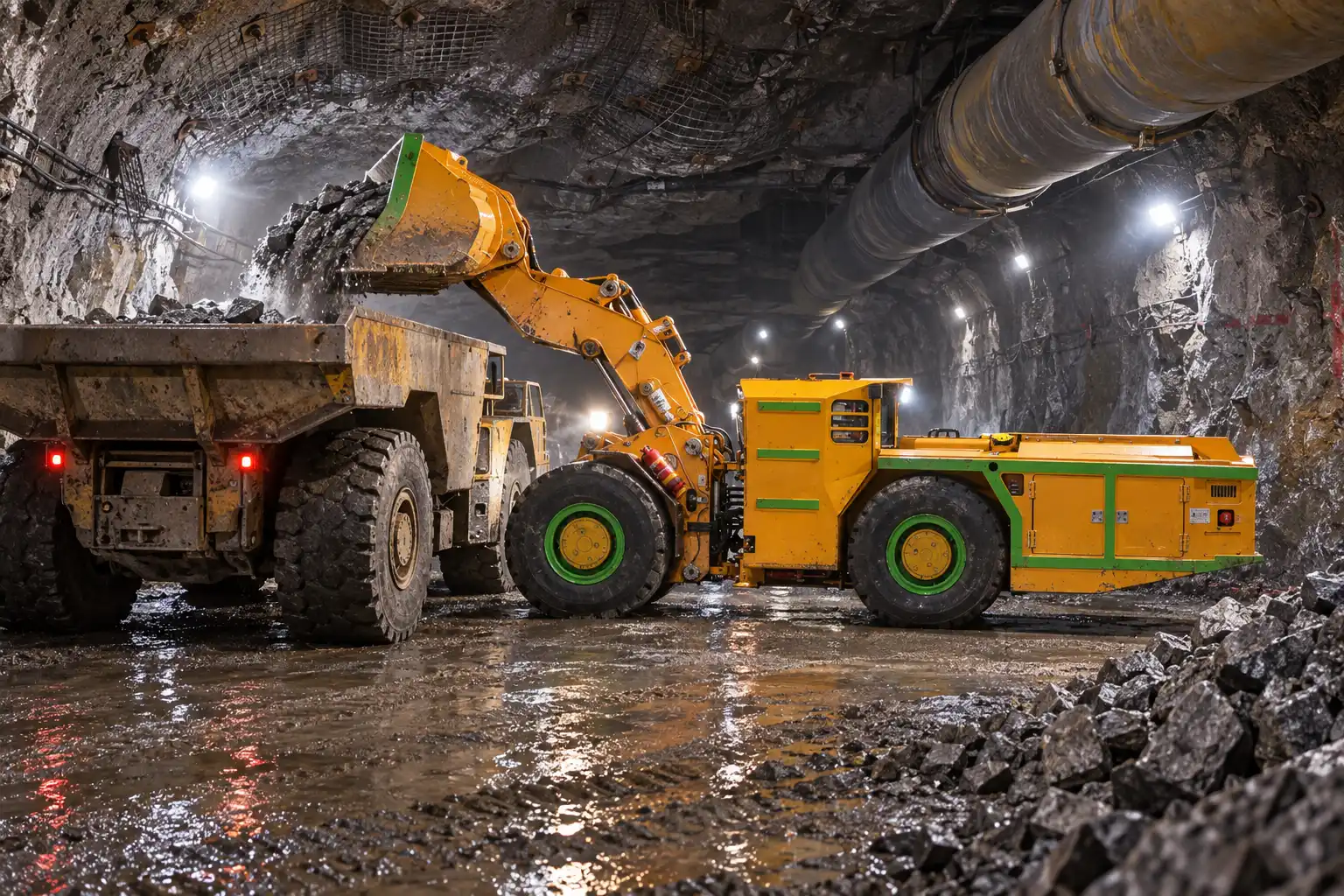 Underground loader filling a haul truck